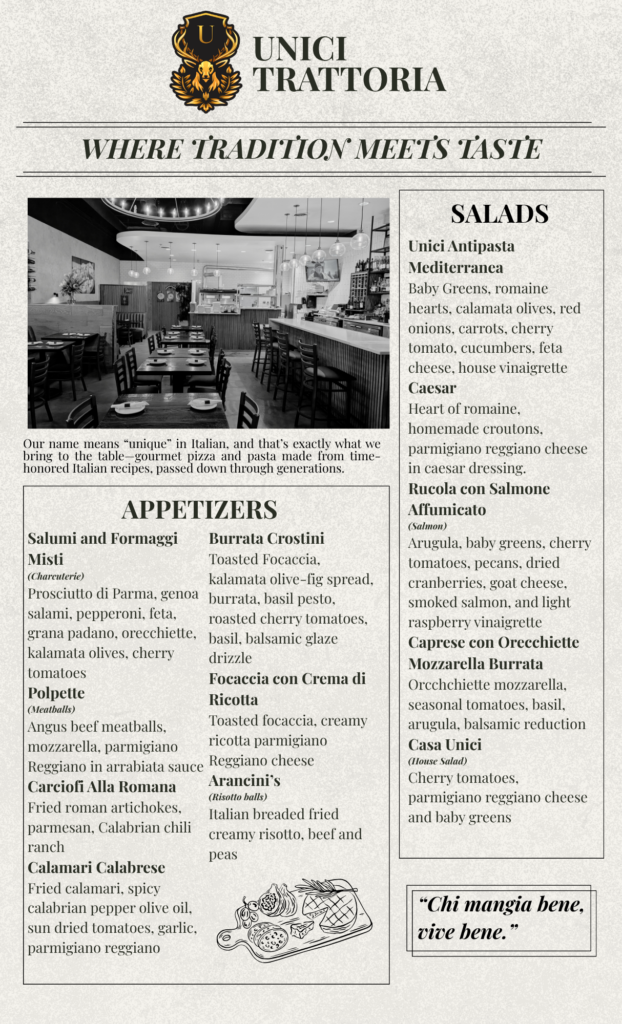 Front of Unici Menu